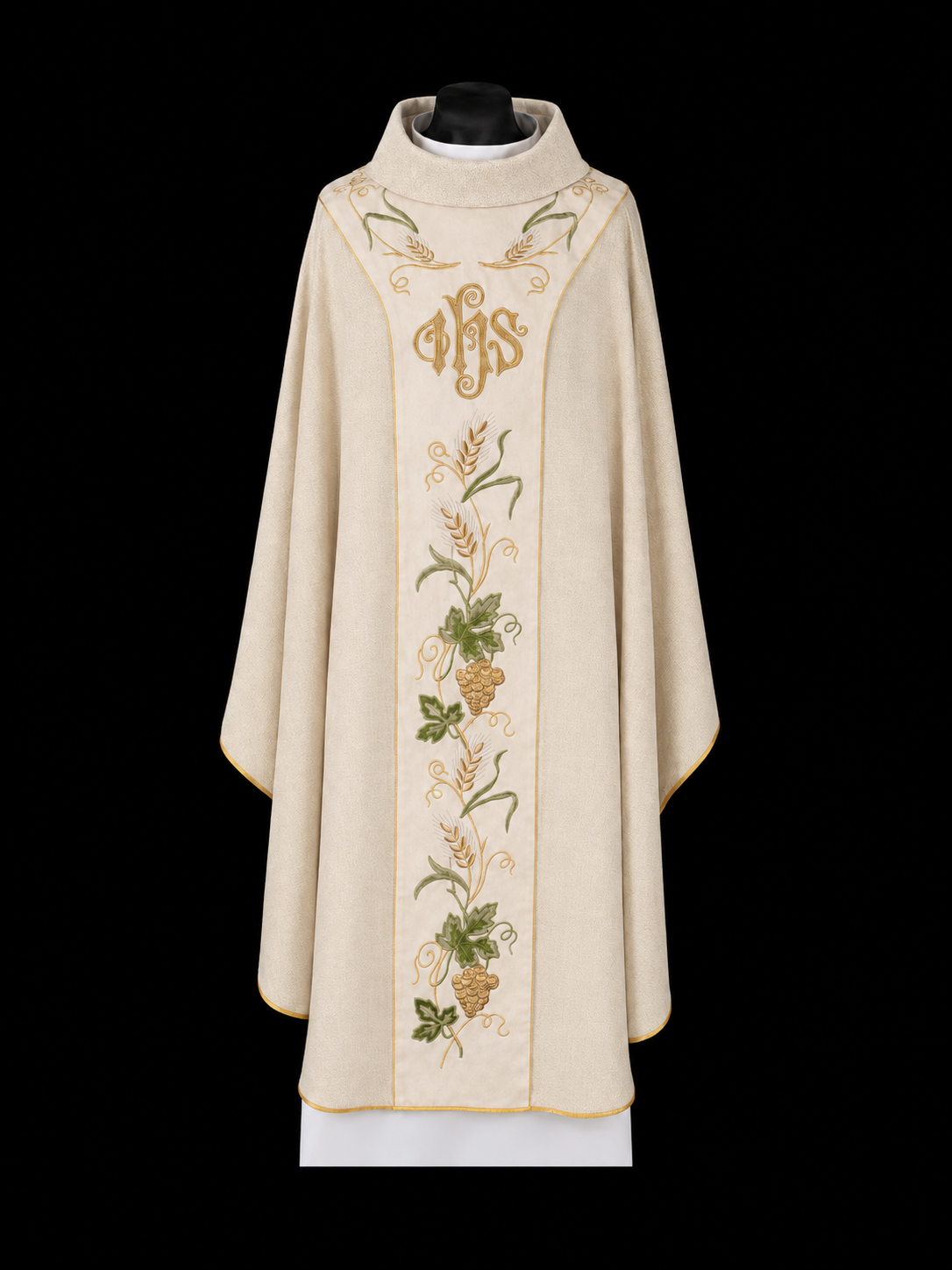 Casulla de terciopelo con estolón beige bordado con IHS