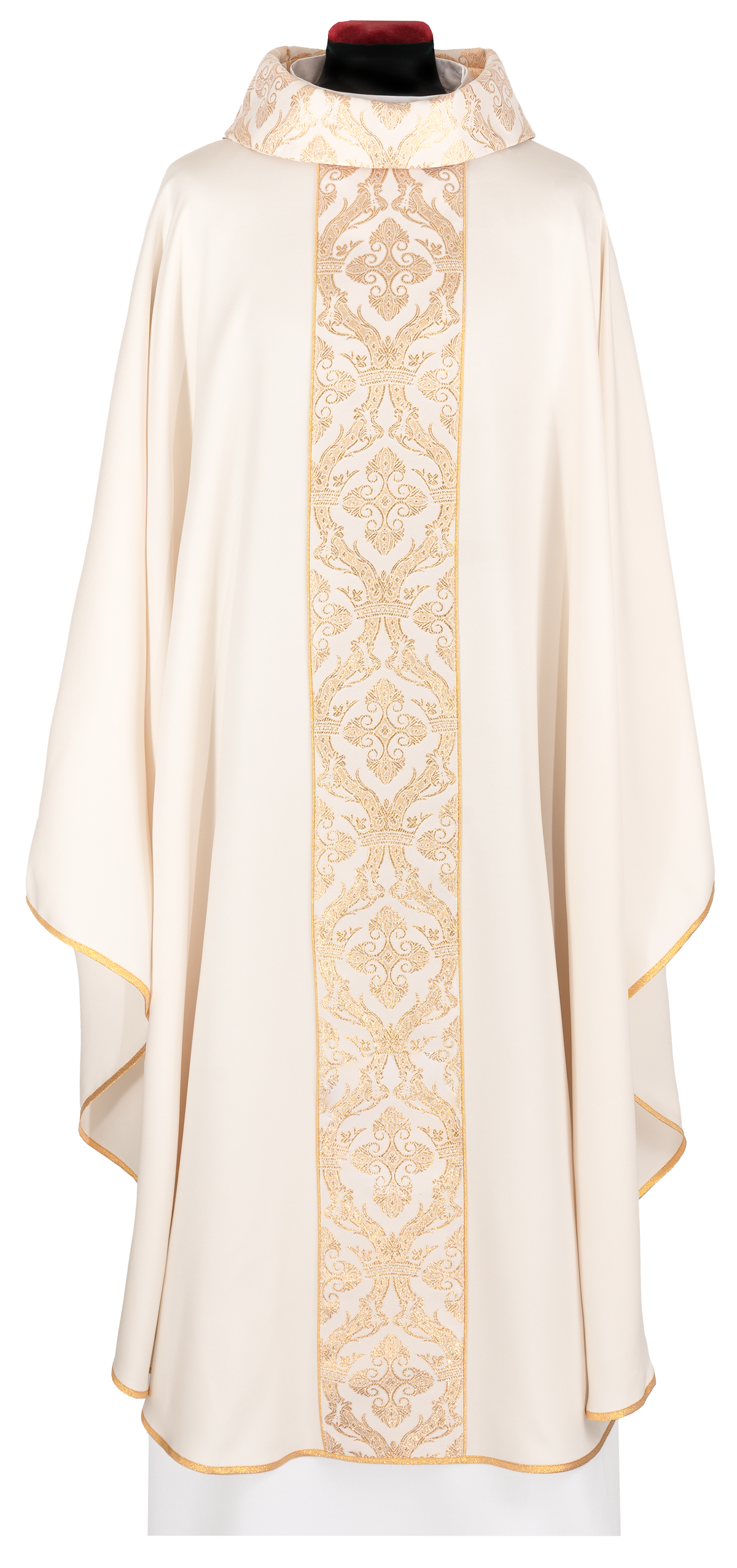 Casulla litúrgica con faja bordada y cuello color crudo