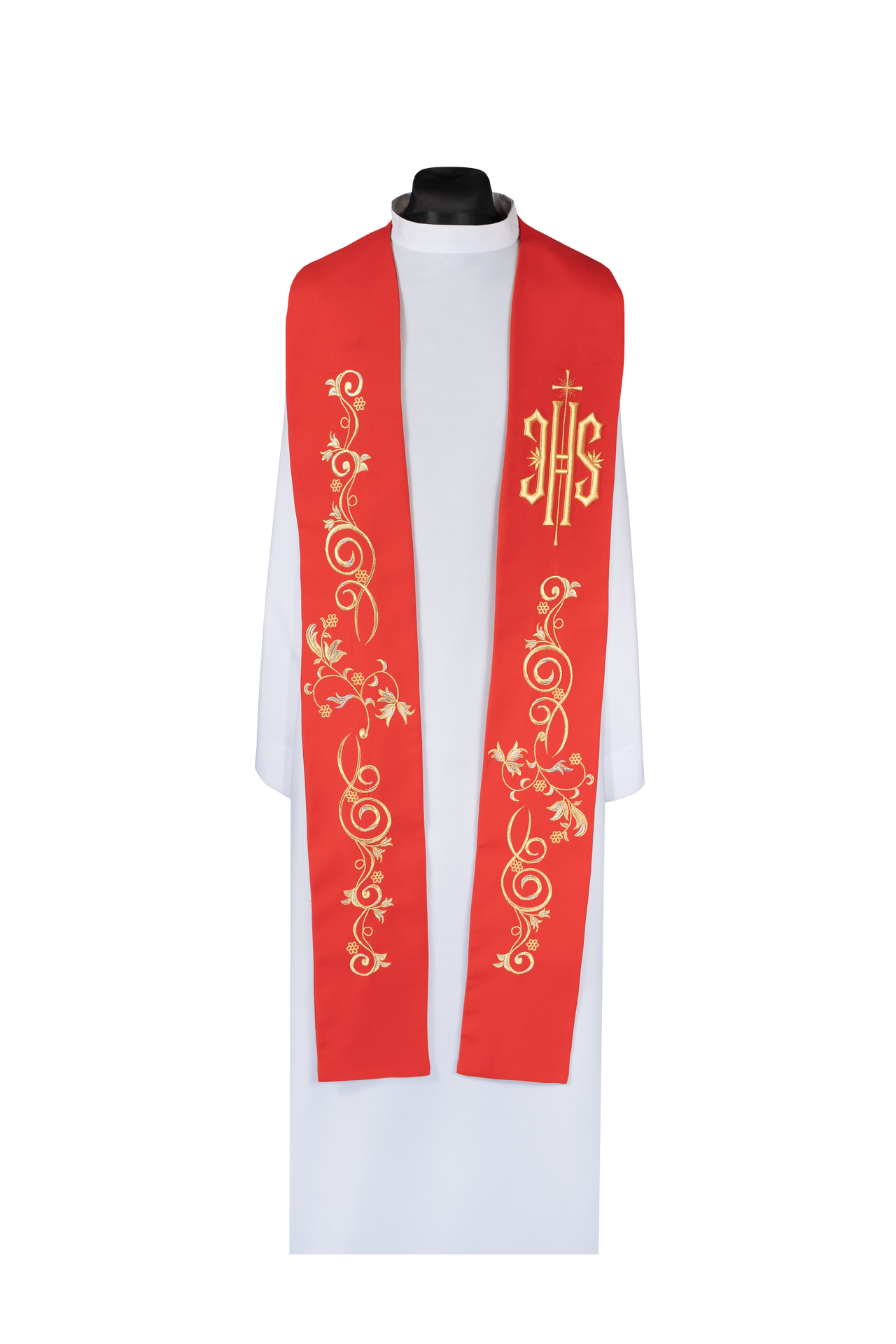Estola sacerdotal bordada con IHS roja