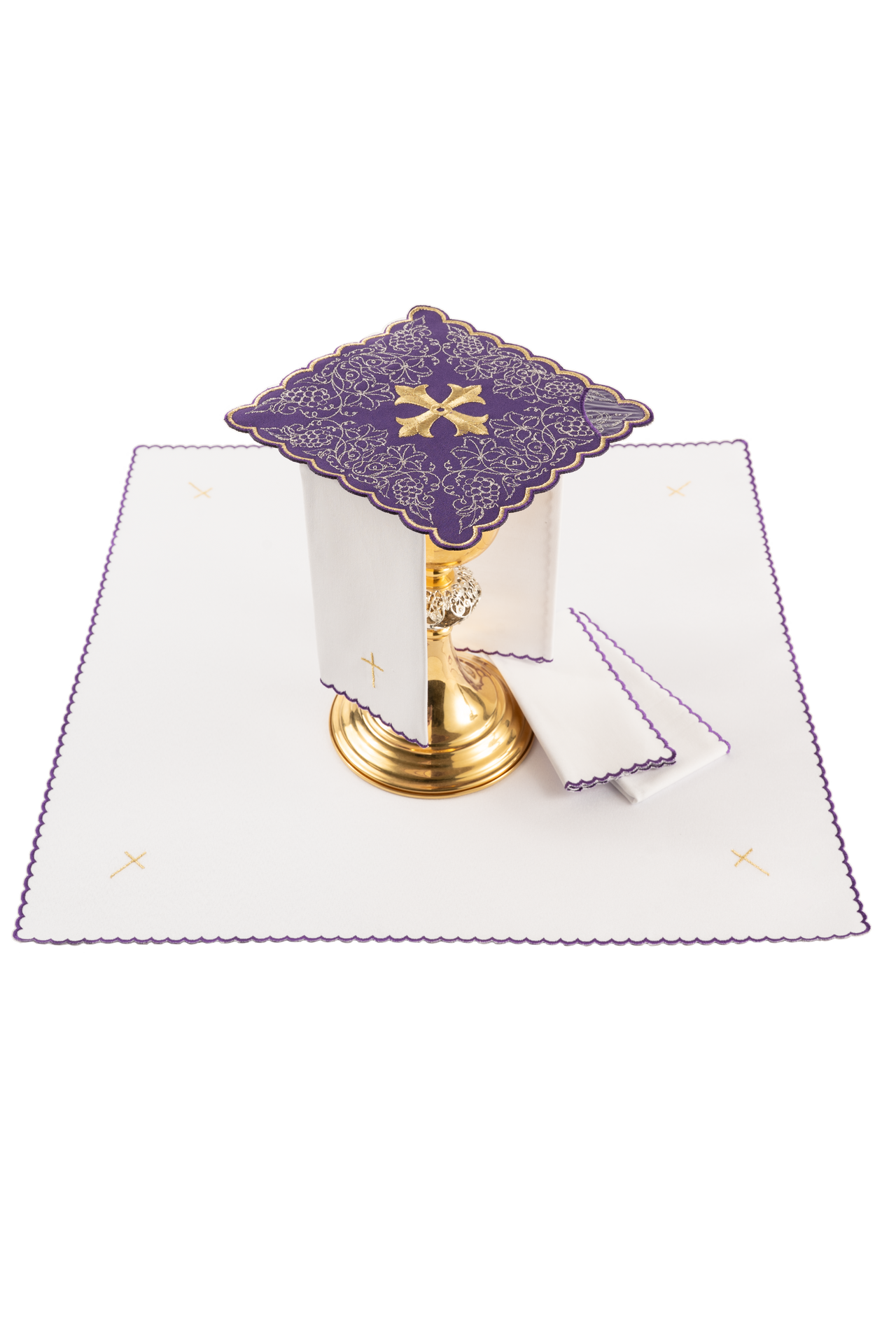 Servicio de altar bordado con motivo de cruz morado