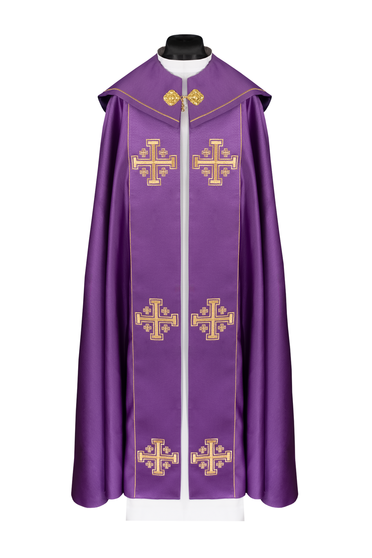 Capa litúrgica violeta con galón y bordado de cruces