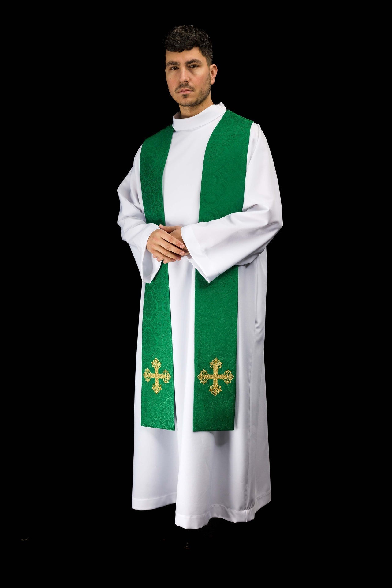 Estola bordada con motivo de cruz tejido jacquard verde