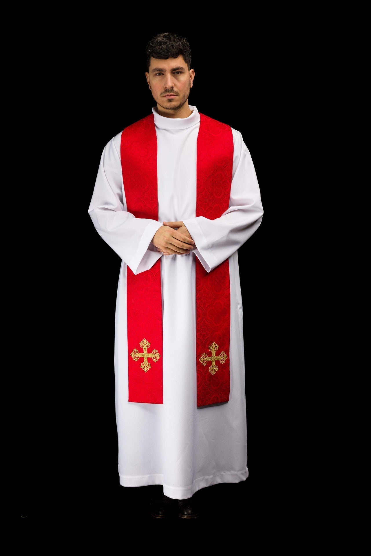 Estola bordada con motivo de cruz tejido jacquard rojo
