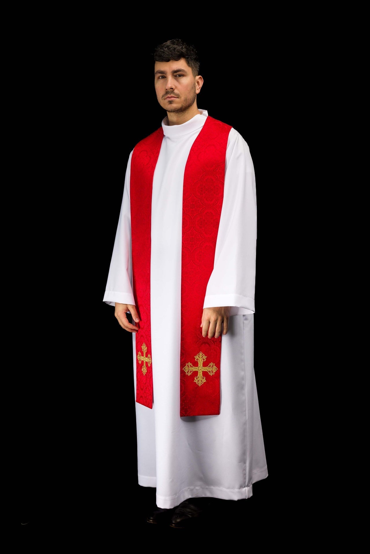 Estola bordada con motivo de cruz tejido jacquard rojo