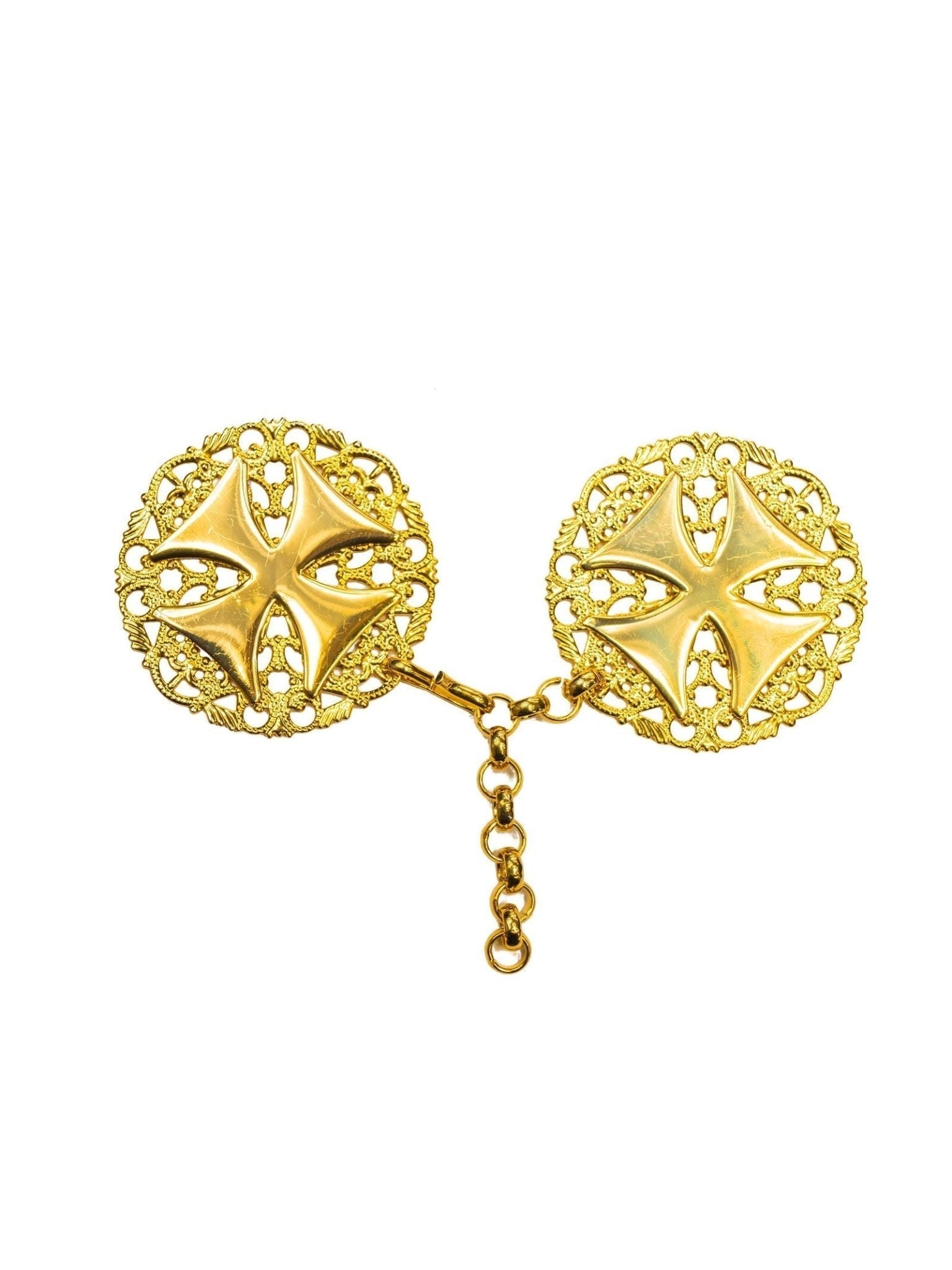 Broche dorado para capa y velo con símbolo de cruz