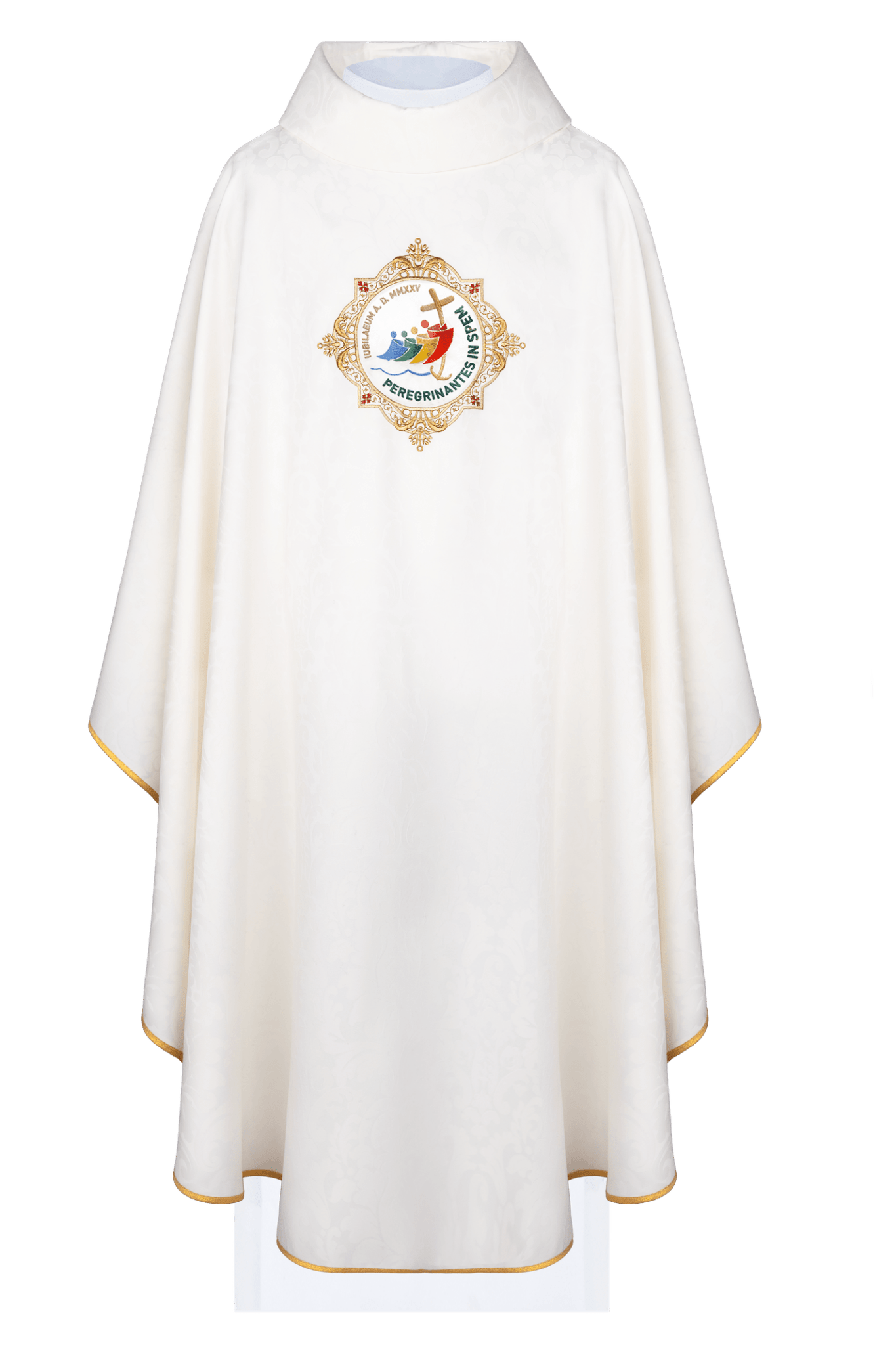 Casulla con bordado alrededor del escudo jubilar en color ecru