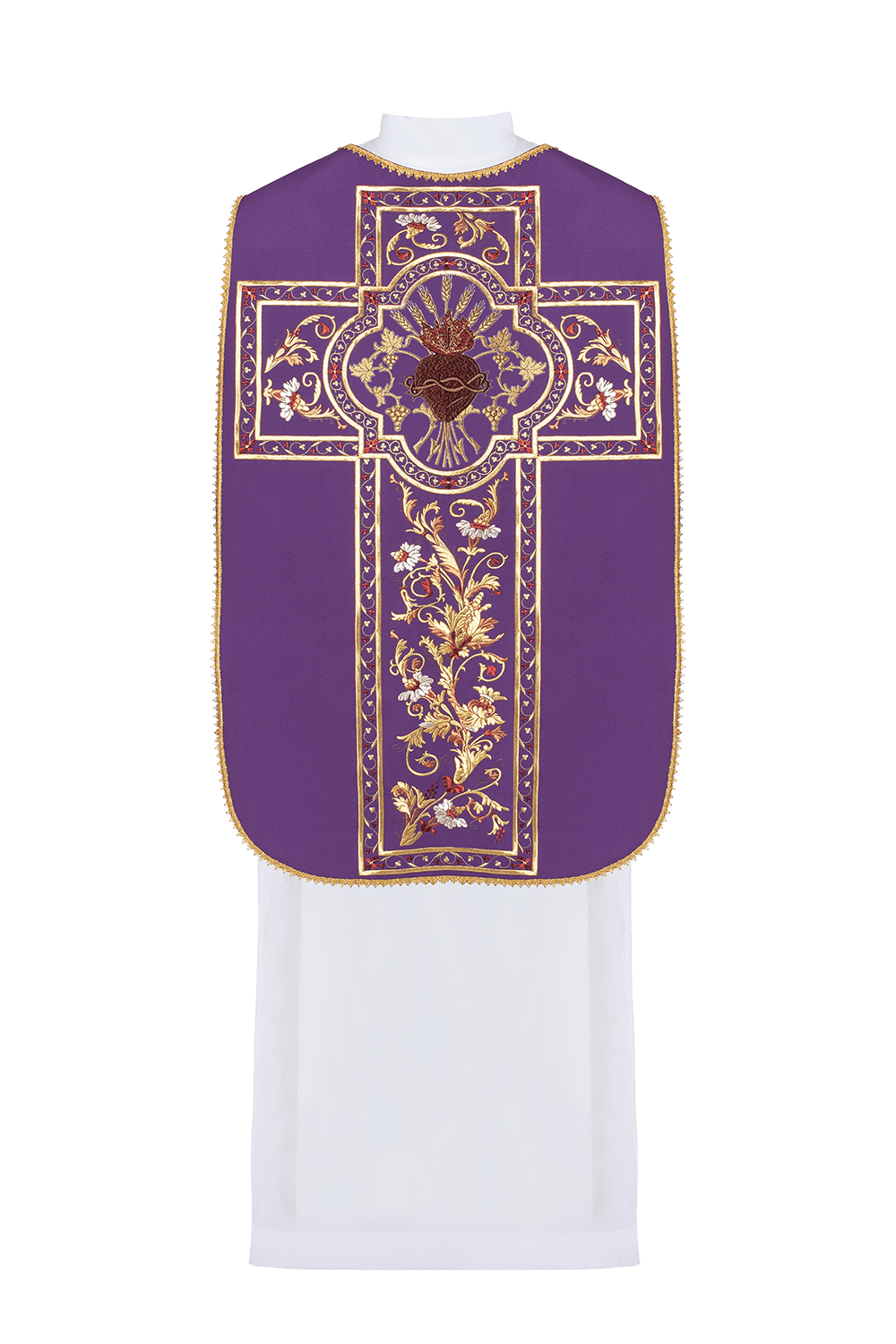Casulla romana morada bordada con motivo del Corazón de Jesucristo