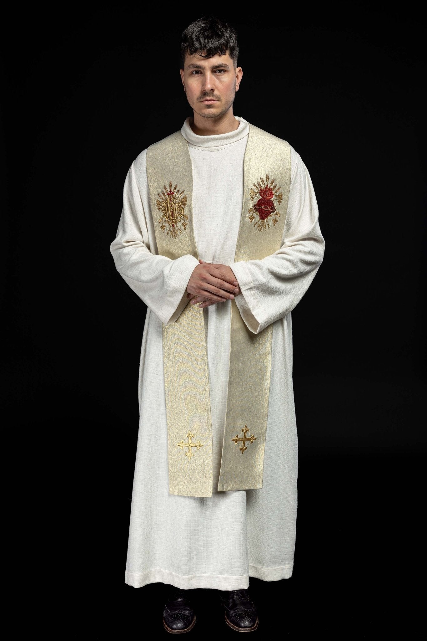 Estola oro con bordado Cruz, IHS y corazón de Jesucristo