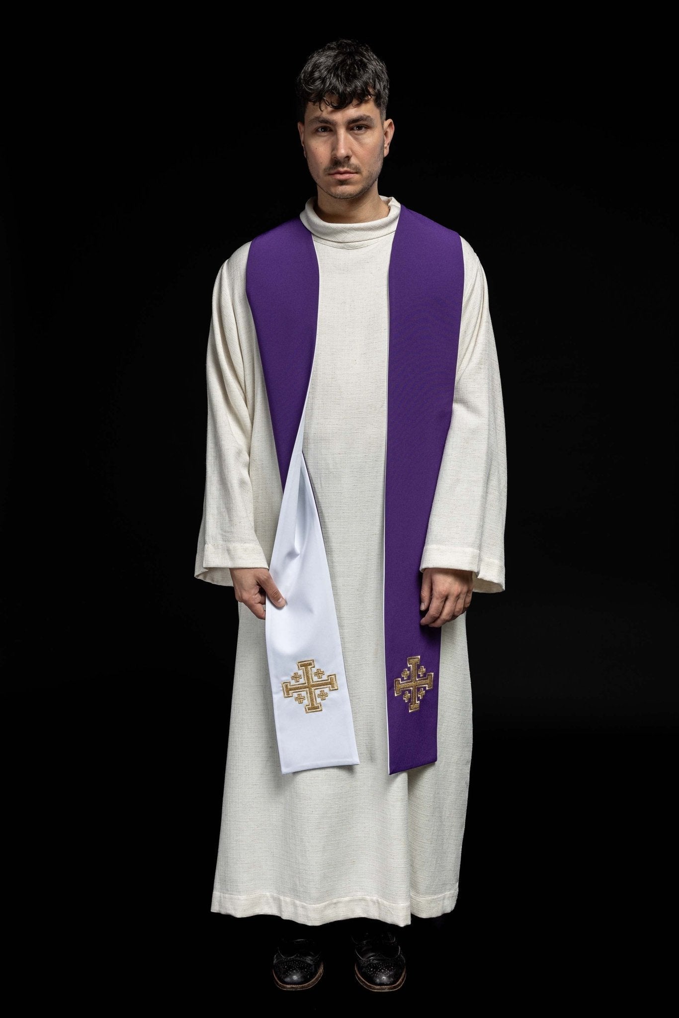 Estola reversible con Cruz de Jerusalén púrpura-blanca