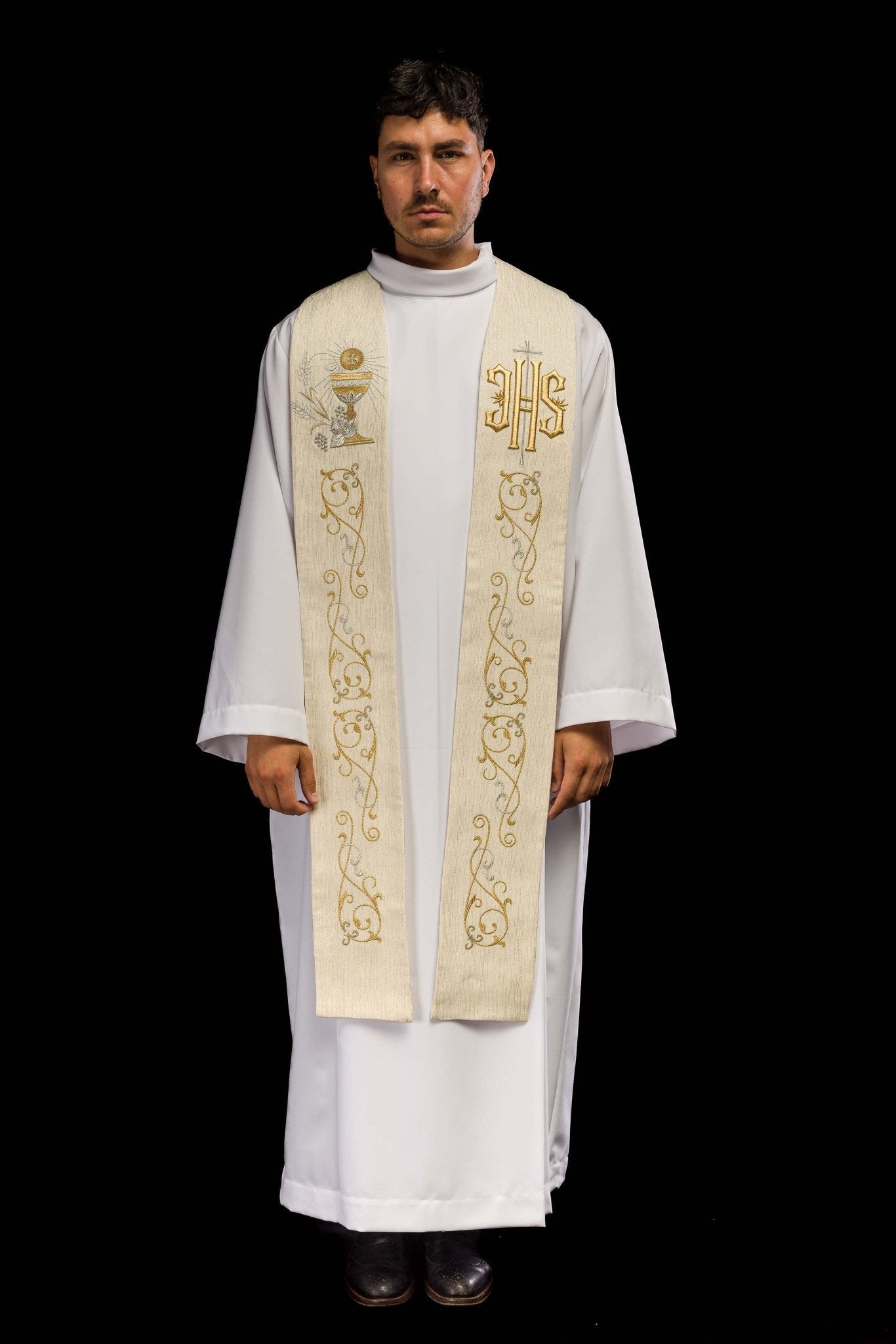 Estola sacerdotal con bordado de IHS y cáliz eucarístico ecru