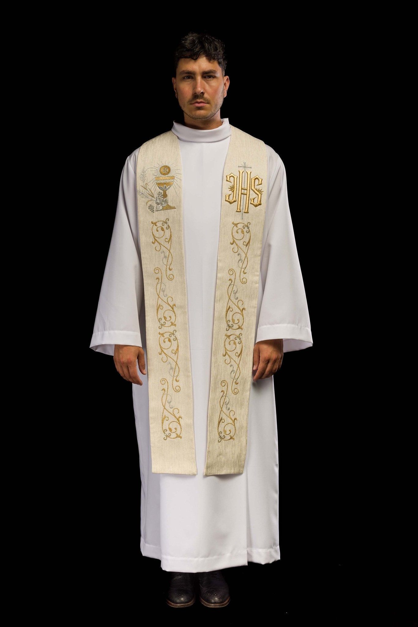 Estola sacerdotal con bordado de IHS y cáliz eucarístico ecru