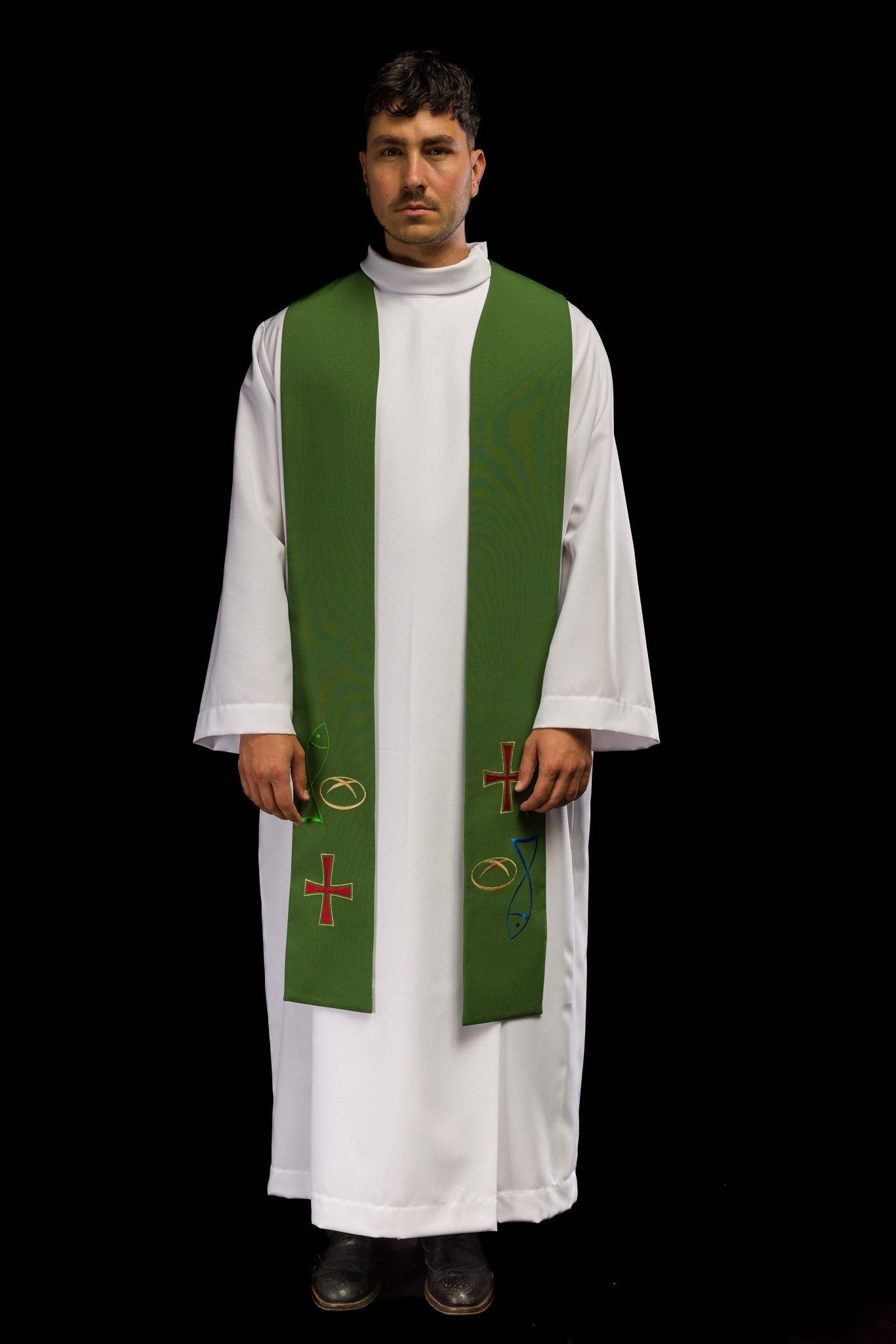 Estola verde con bordado Cruz, Pan y Pescado