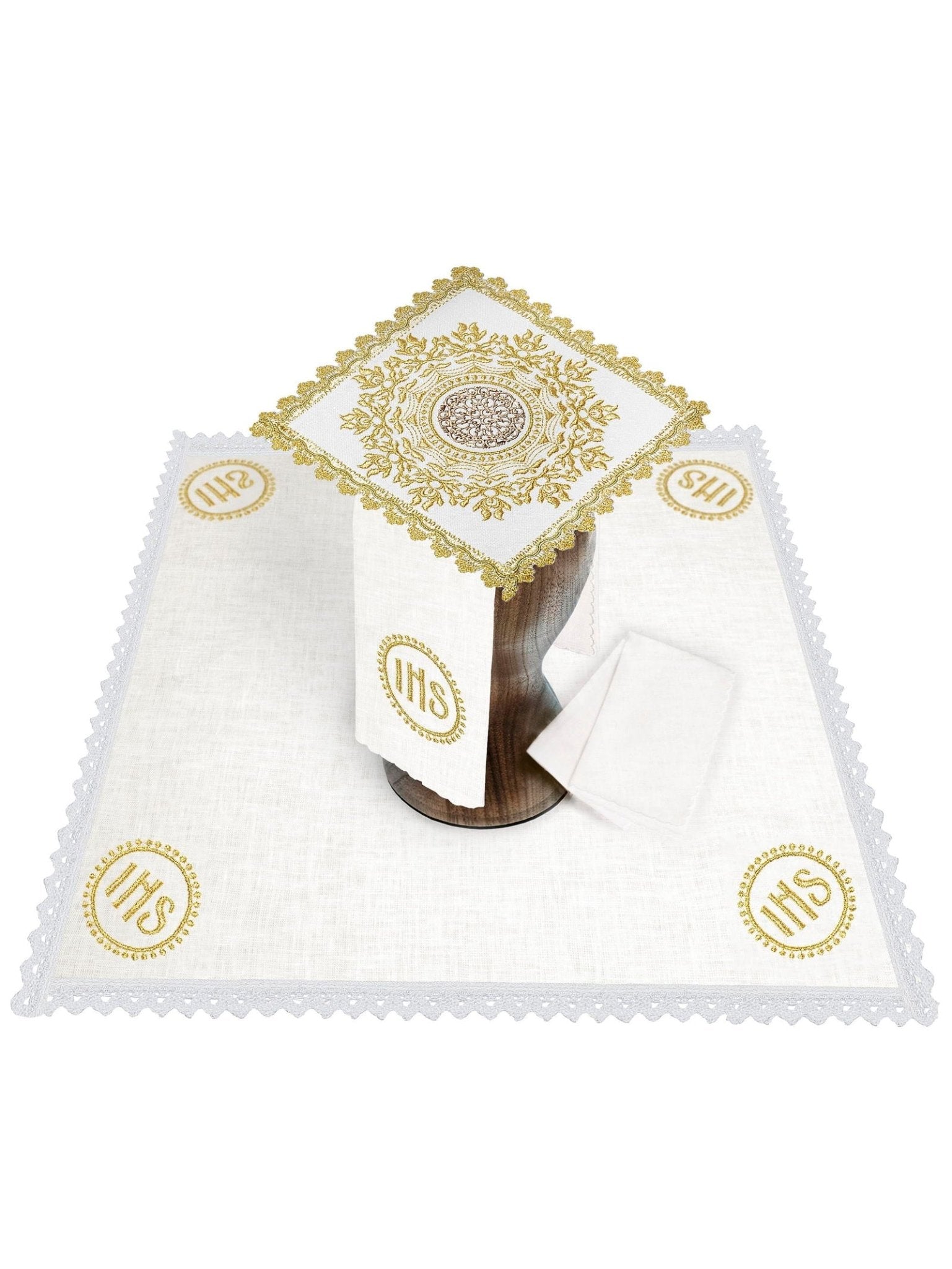 Juego de altar ricamente bordado con motivo IHS