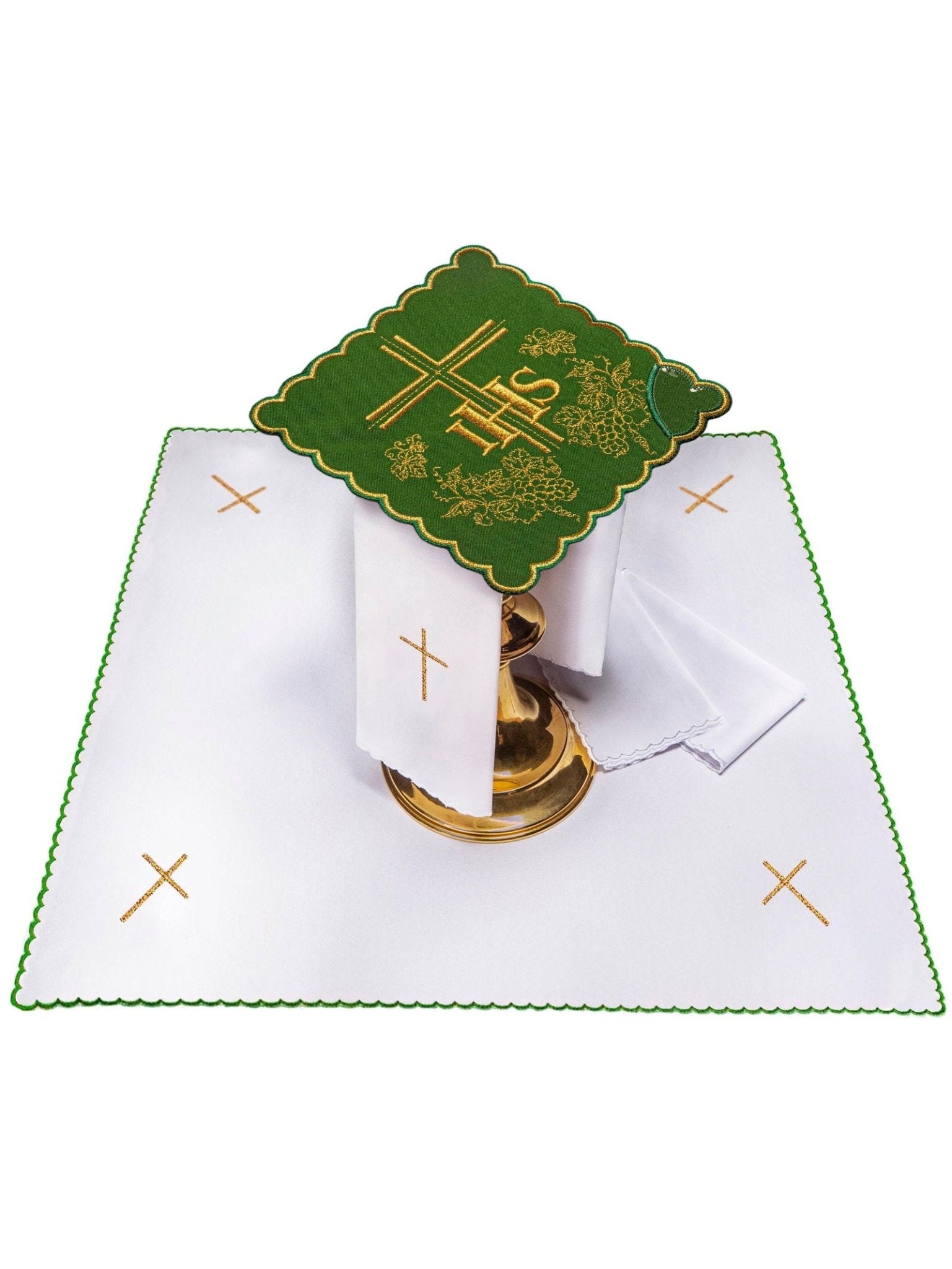 Juego de altar verde con bordado IHS