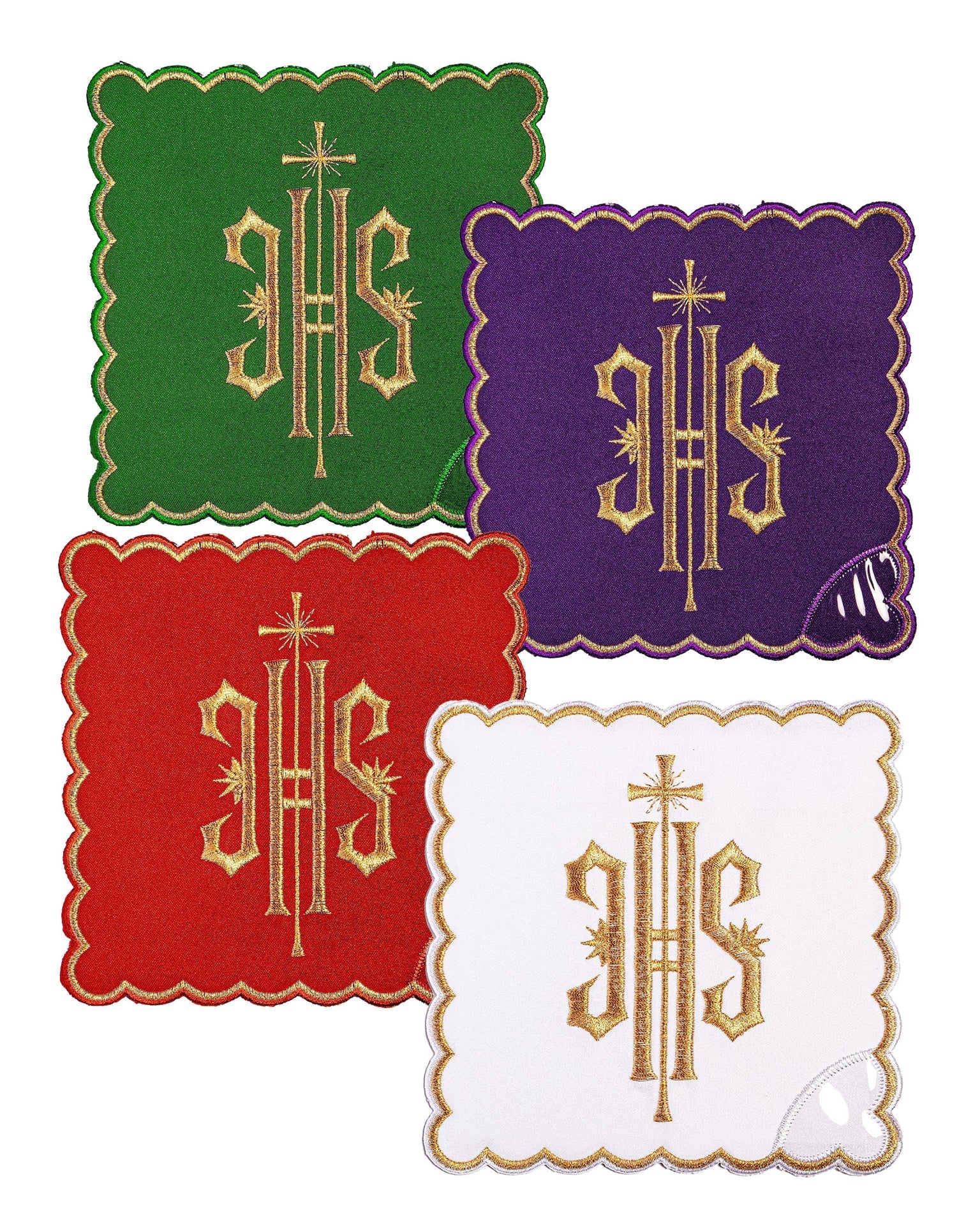 Juego de palias con el símbolo IHS en cuatro colores litúrgicos