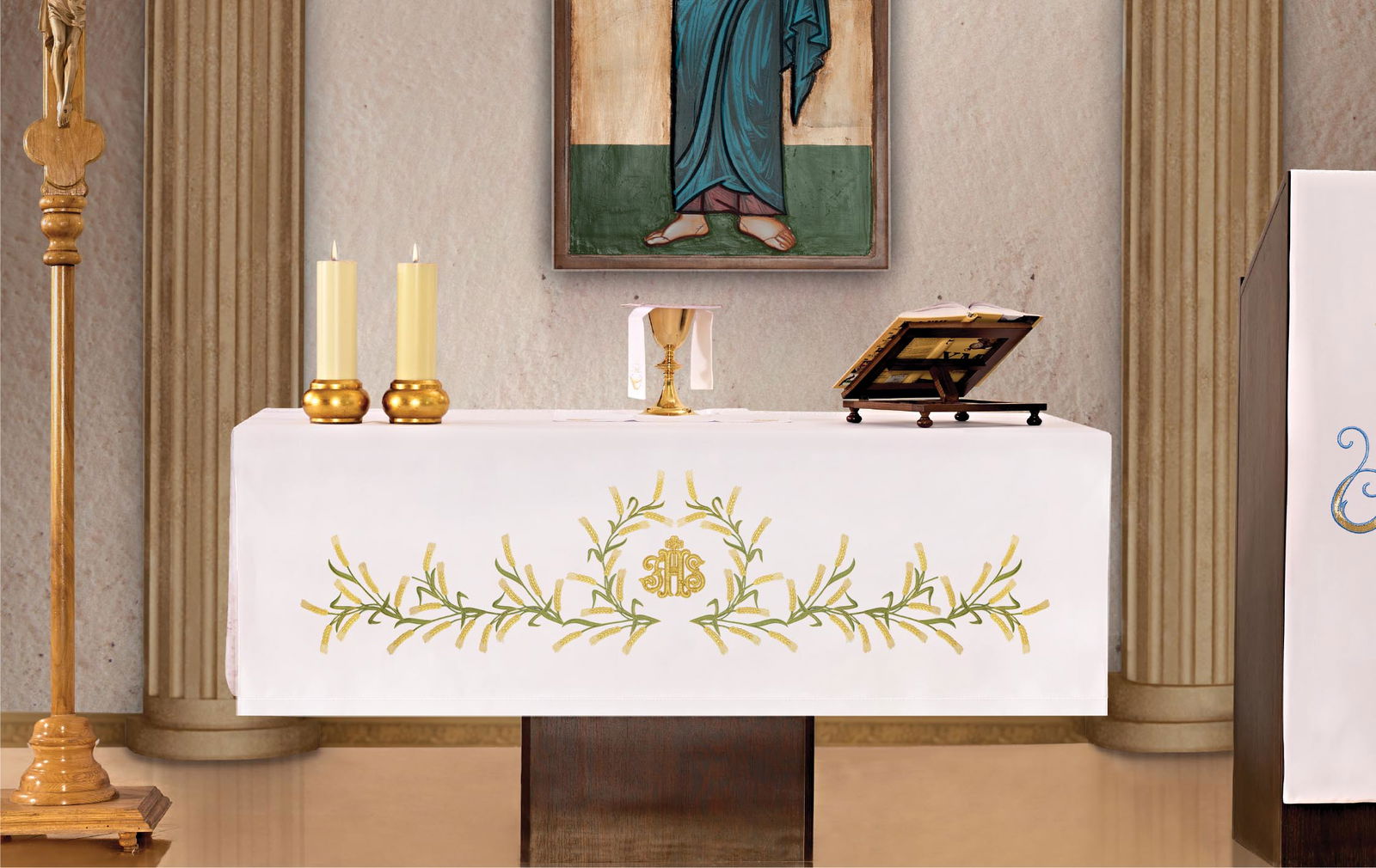 Mantel de altar con bordado frontal en motivo de espigas