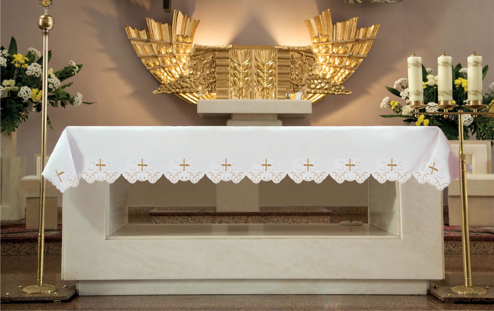 Mantel de altar con bordado frontal IHS y cruz