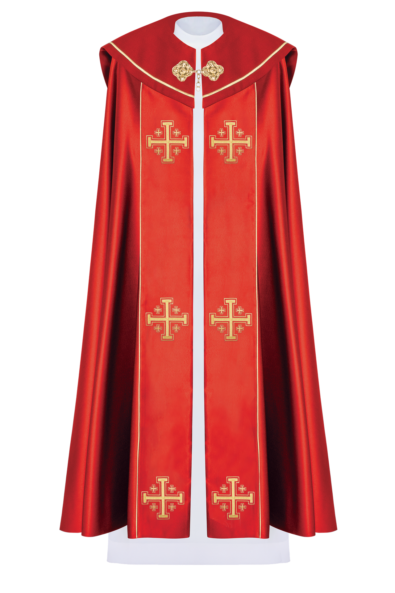 Capa litúrgica roja con galón y bordado de cruces