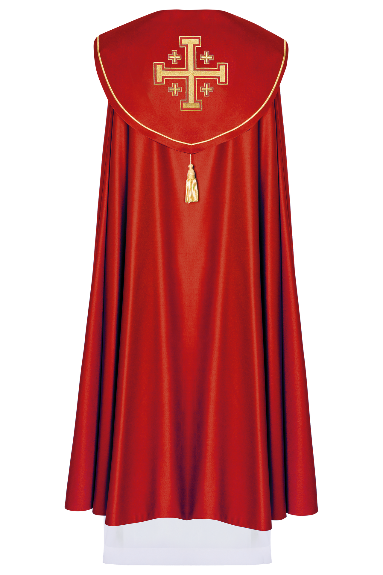 Capa litúrgica roja con galón y bordado de cruces