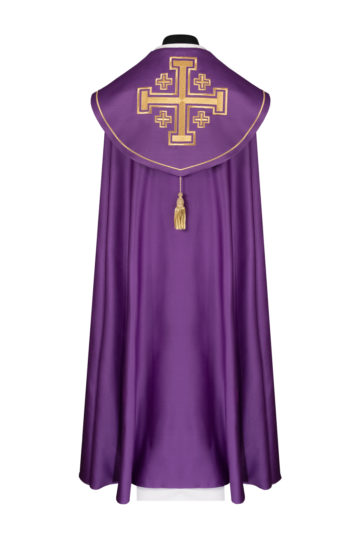 Capa litúrgica violeta con galón y bordado de cruces