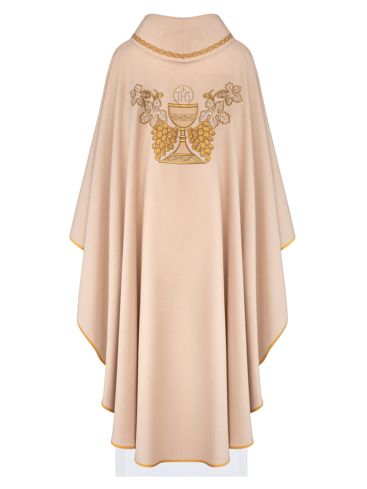 Casulla bordada beige con cáliz y uvas
