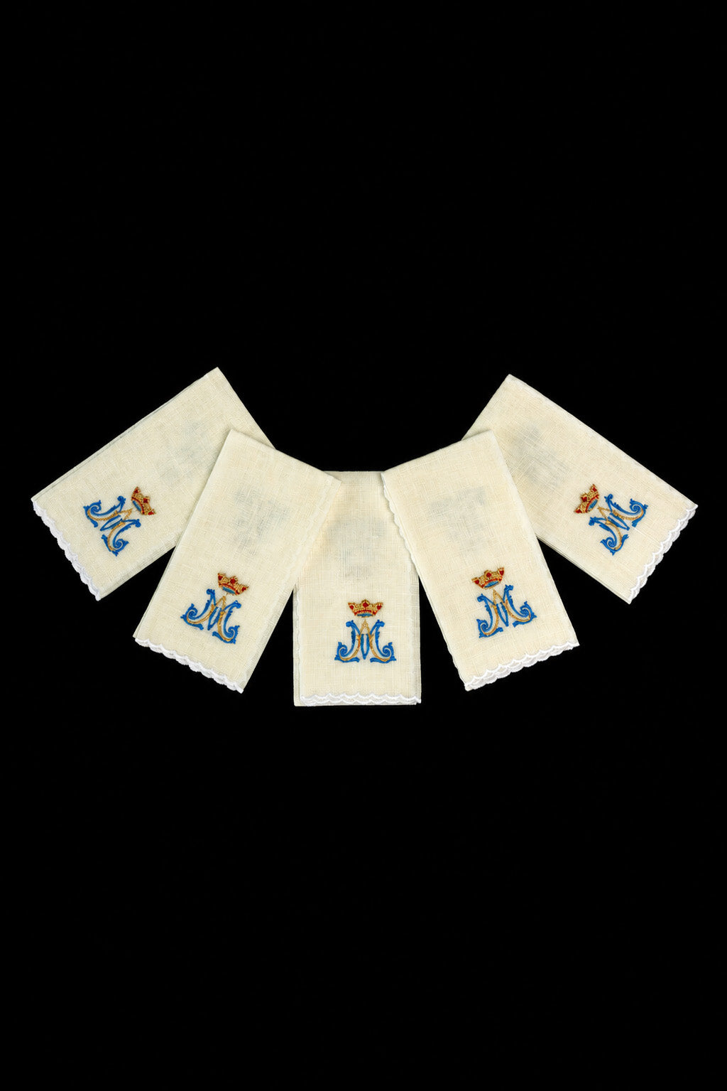 Set de 5 purificadores litúrgicos de lino con bordado mariano