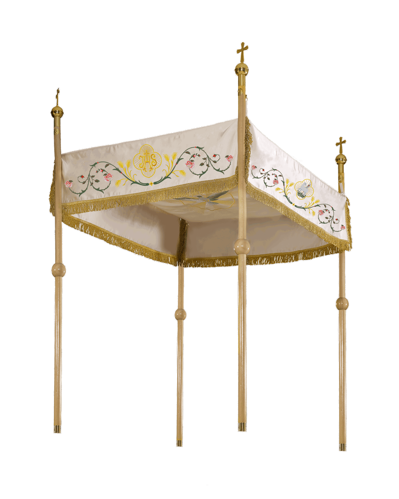 Palio procesional color crudo bordado Agnus Dei e IHS, 130 × 160 cm