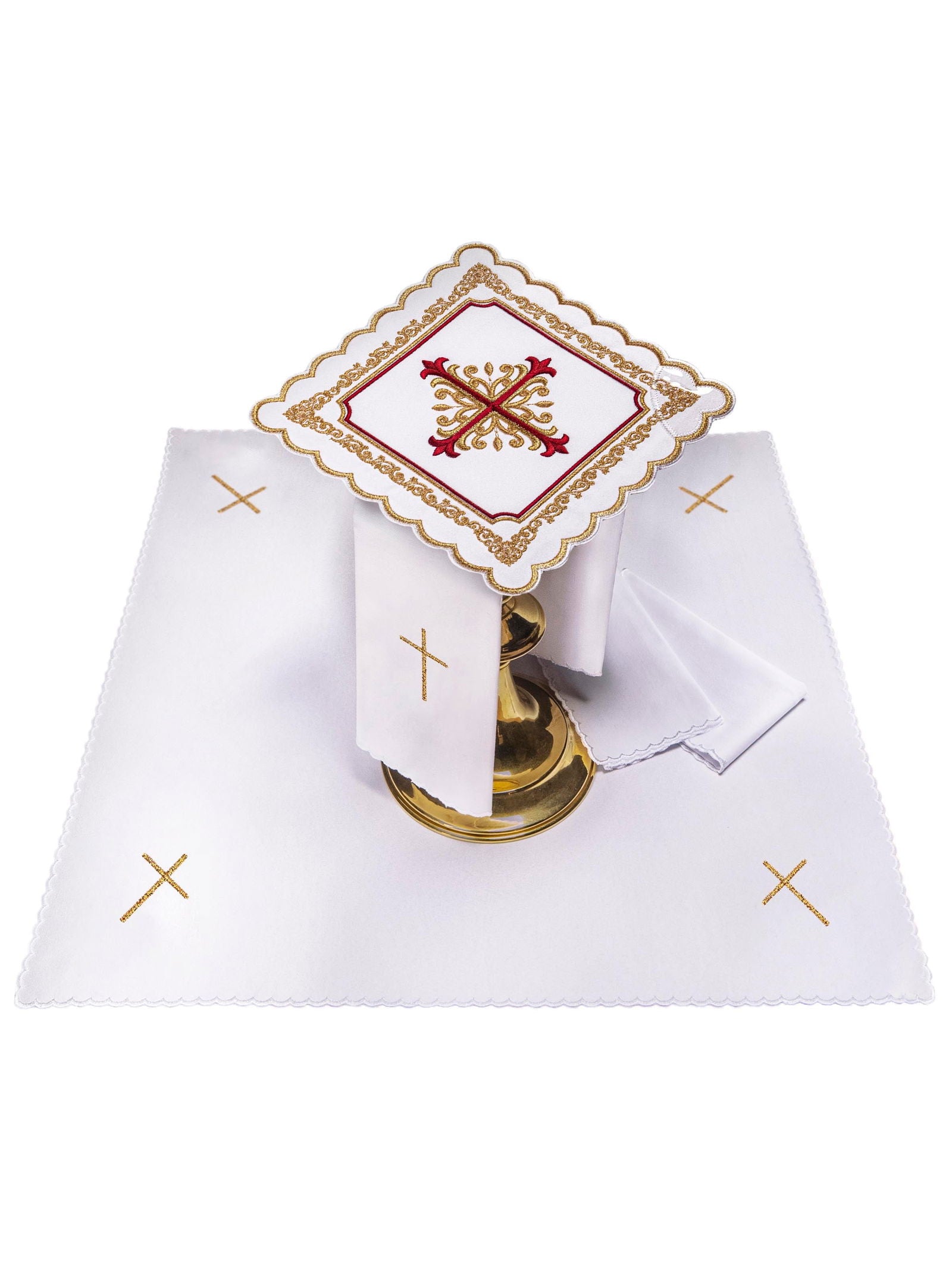 Servicio de altar con bordado en oro y rojo