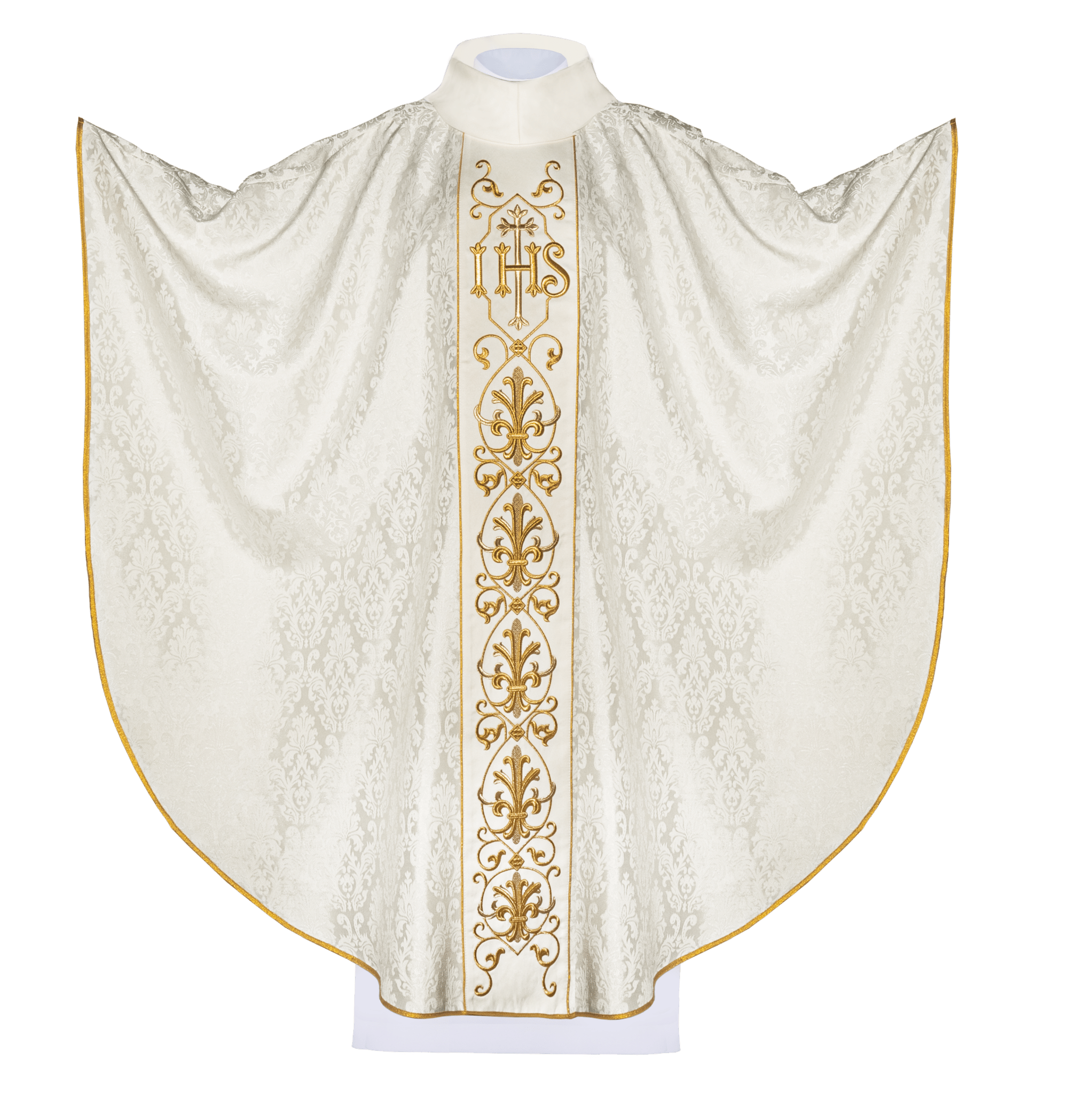 Casulla marfil con bordado IHS ; la tela decorativa
