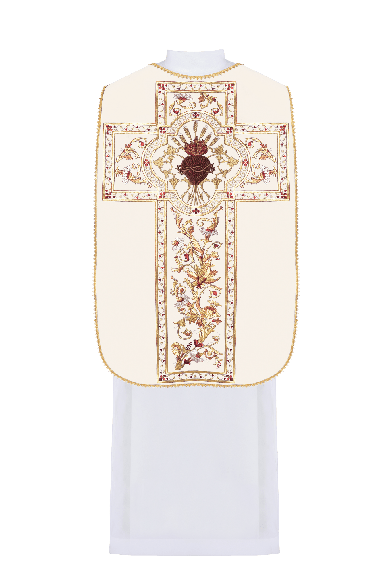 Casulla romana marfil bordada con motivo del Corazón de Jesucristo