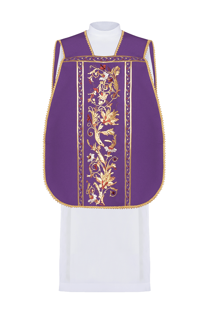 Casulla romana morada bordada con motivo IHS