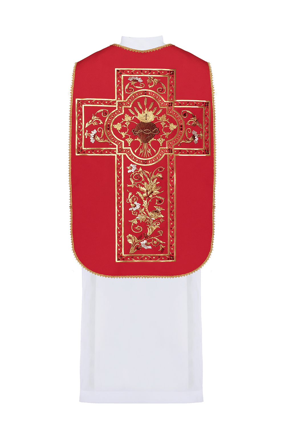 Casulla romana roja bordada con motivo del Corazón de Jesucristo