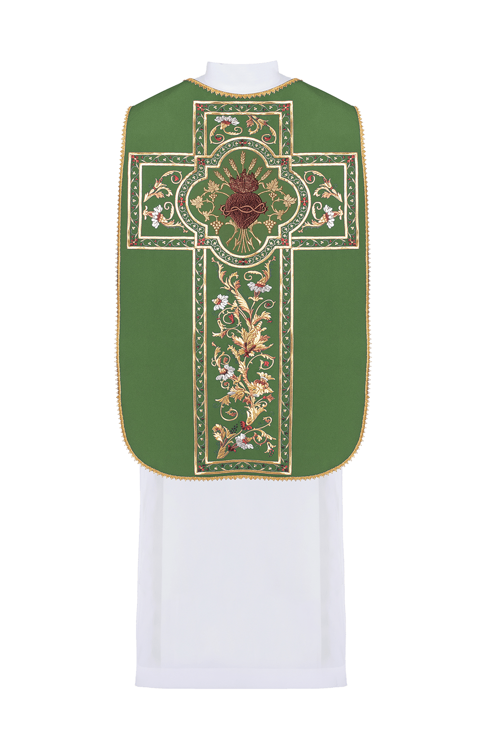 Casulla romana verde bordada con motivo del Corazón de Jesucristo