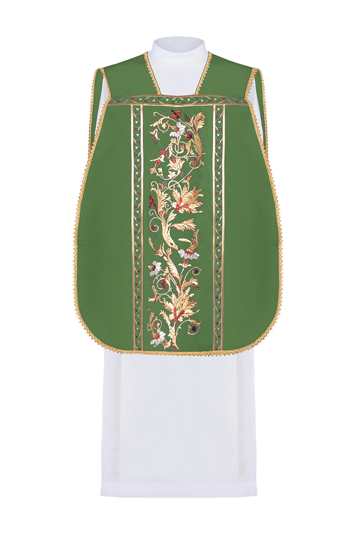 Casulla romana verde bordada con motivo IHS