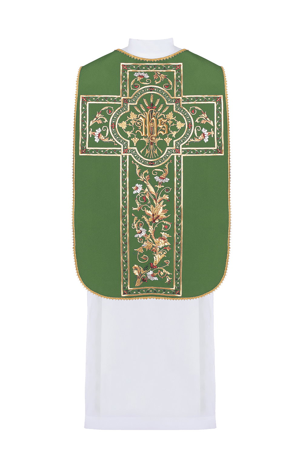 Casulla romana verde bordada con motivo IHS