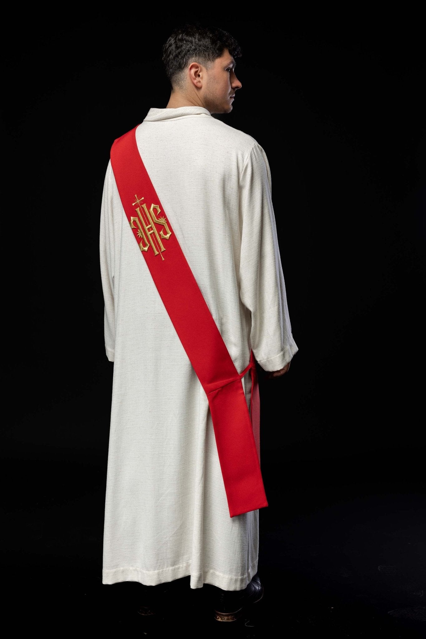 Estola diaconal roja con bordado IHS y Cruz
