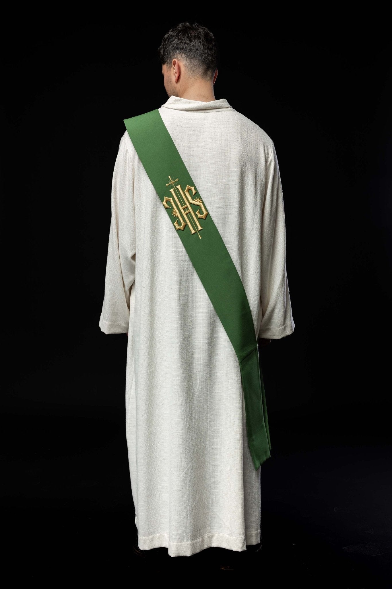 Estola diaconal verde con bordado IHS y Cruz