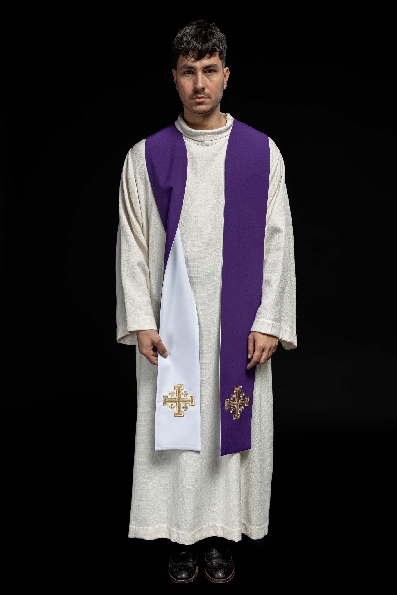 Estola reversible con Cruz de Jerusalén púrpura-blanca