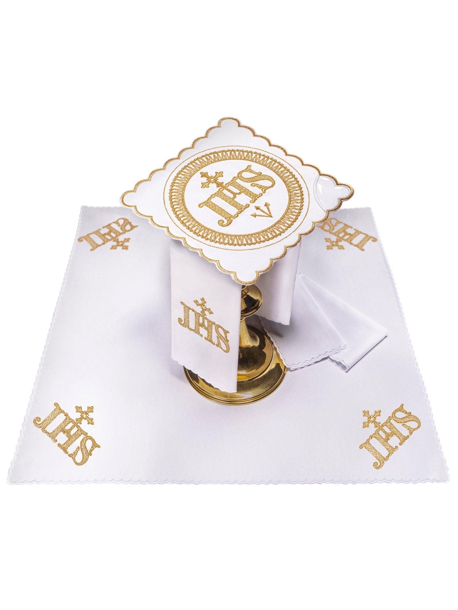 Juego de altar lino con bordado IHS dorado