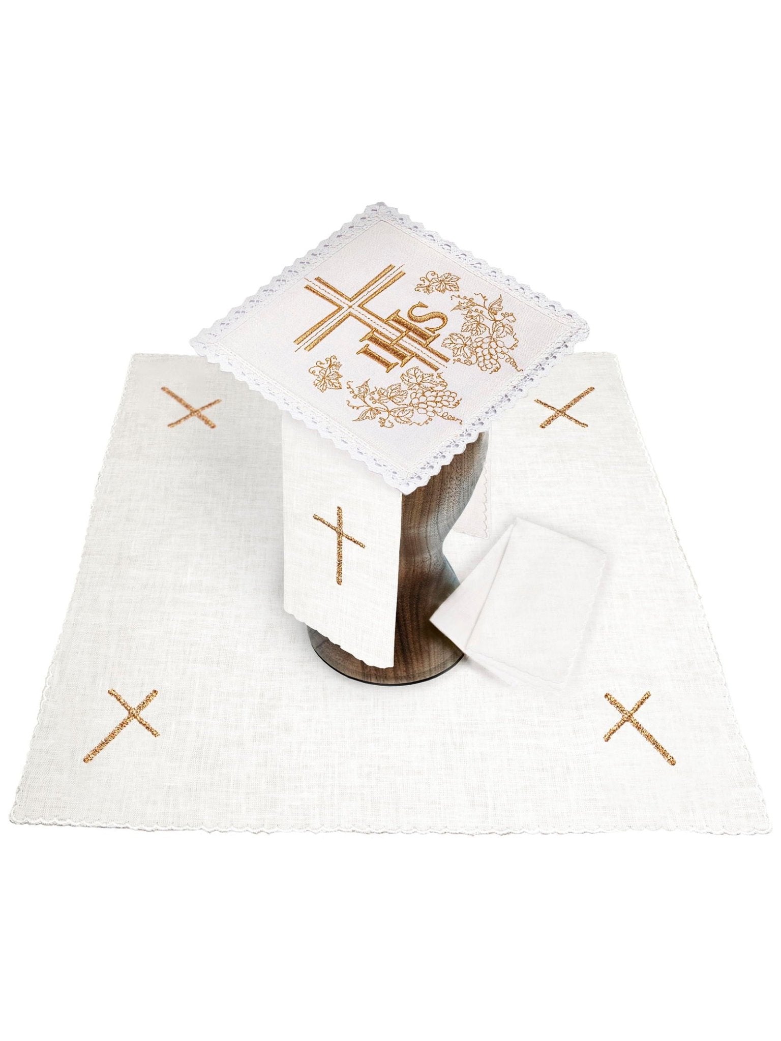 Juego de altar lino con bordado JHS y Cruz