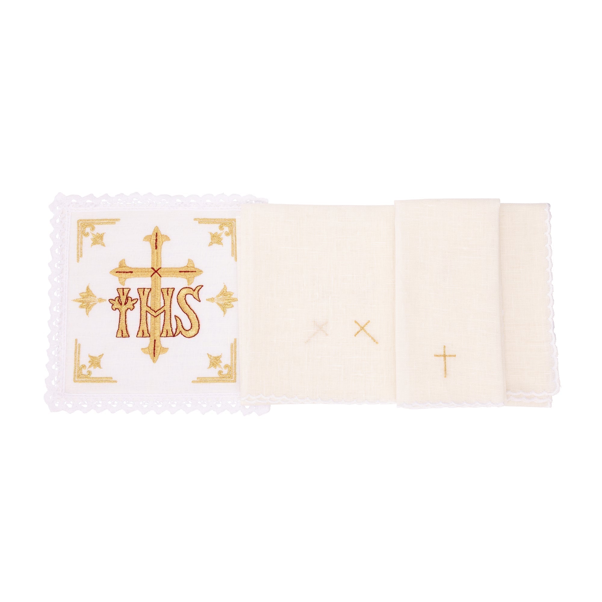 Juego de altar lino con bordado JHS y Cruz
