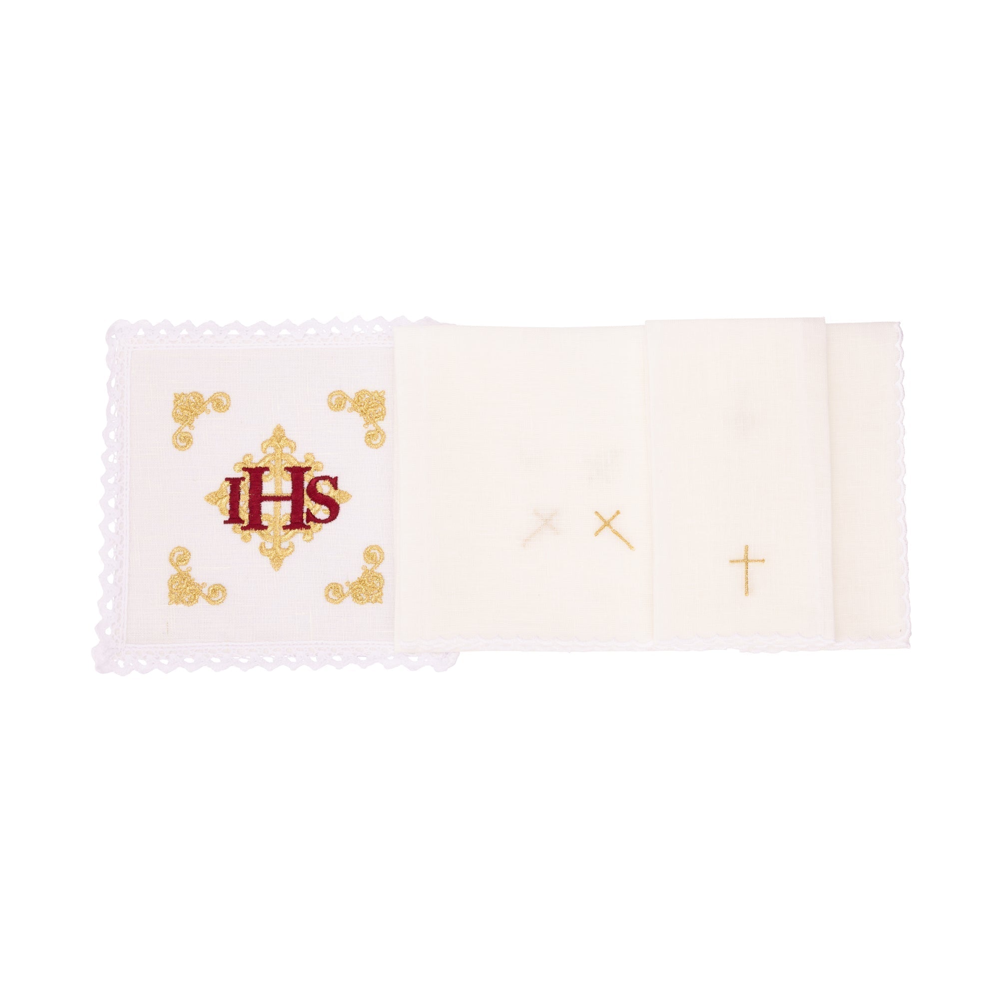 Juego de altar lino con IHS rojo bordado