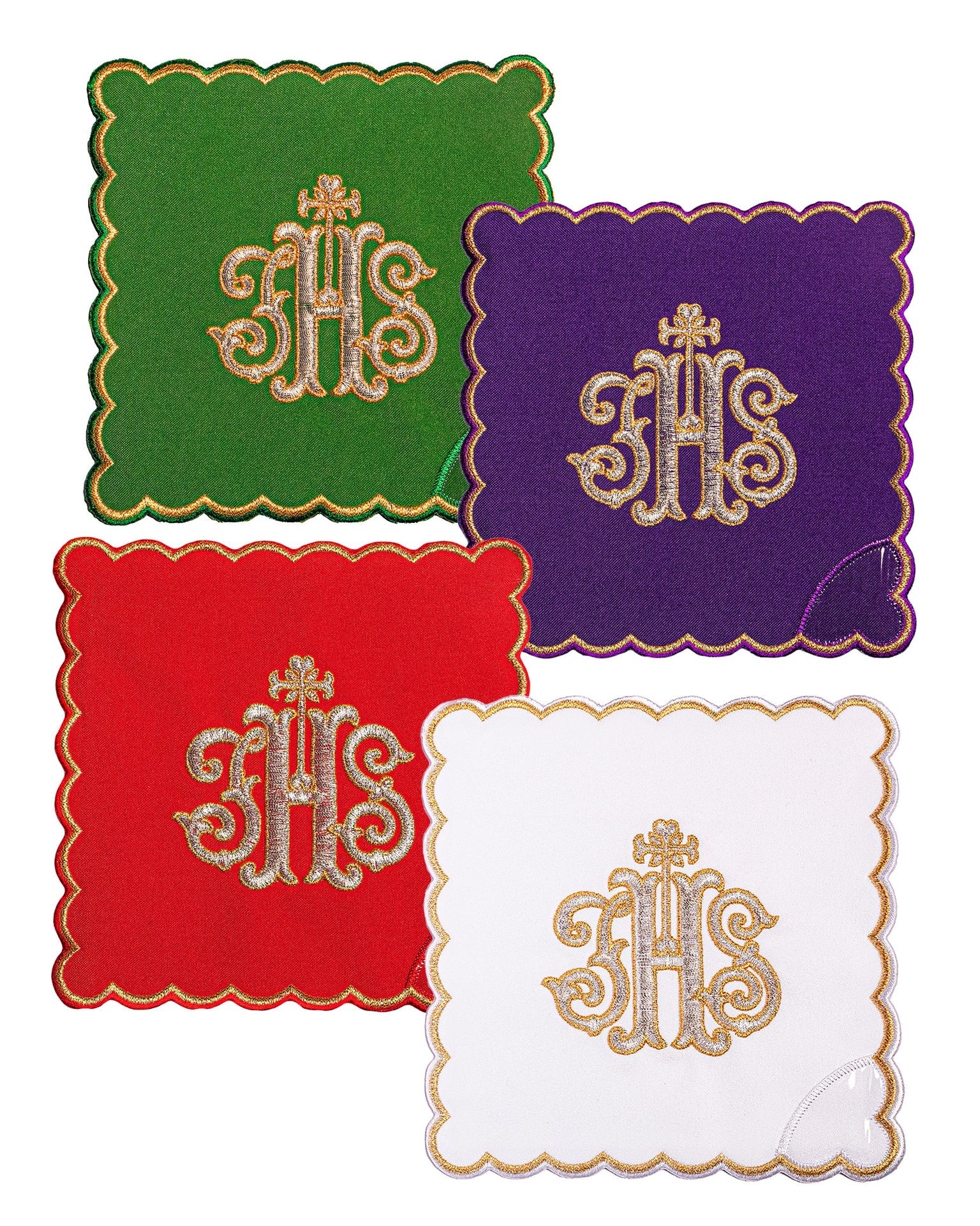 Juego de palias con el símbolo IHS en cuatro colores litúrgicos