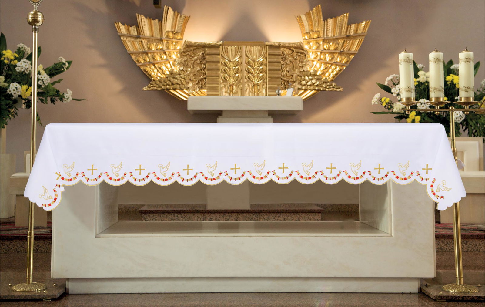 Mantel de altar con bordado frontal de cruz y Espíritu Santo