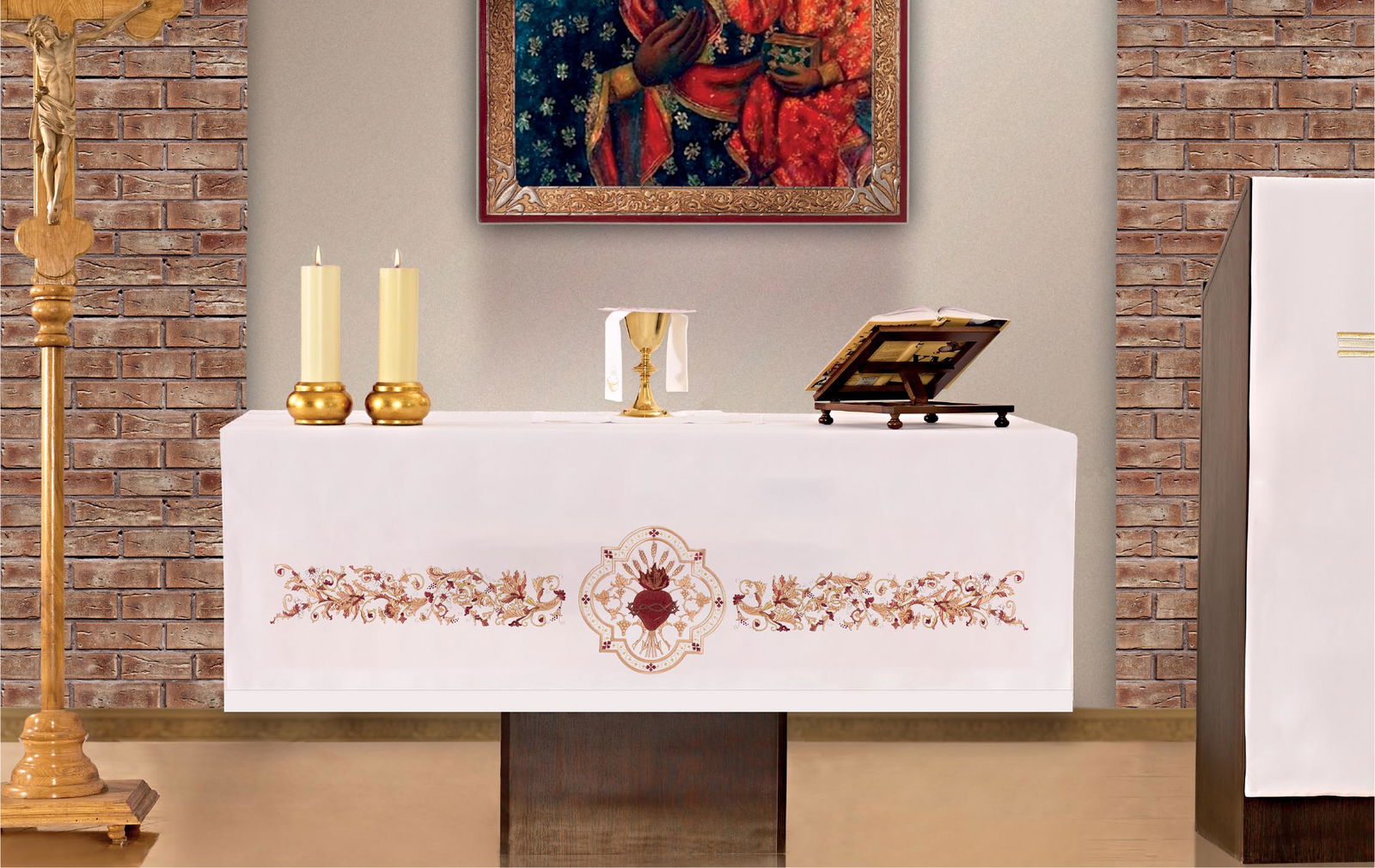Mantel de altar con bordado frontal en motivo del Sagrado Corazón