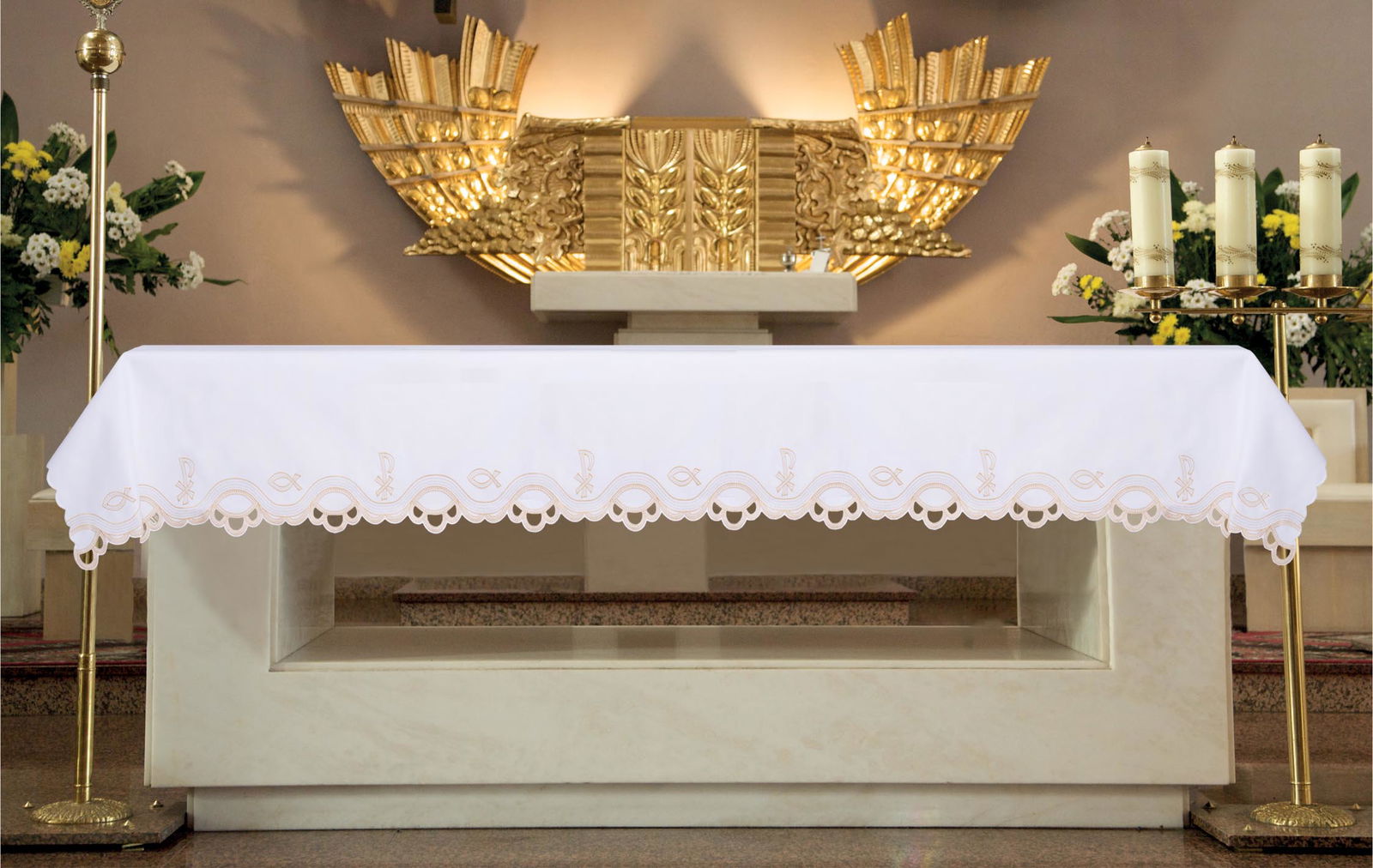 Mantel de altar con bordado frontal en motivo eucarístico