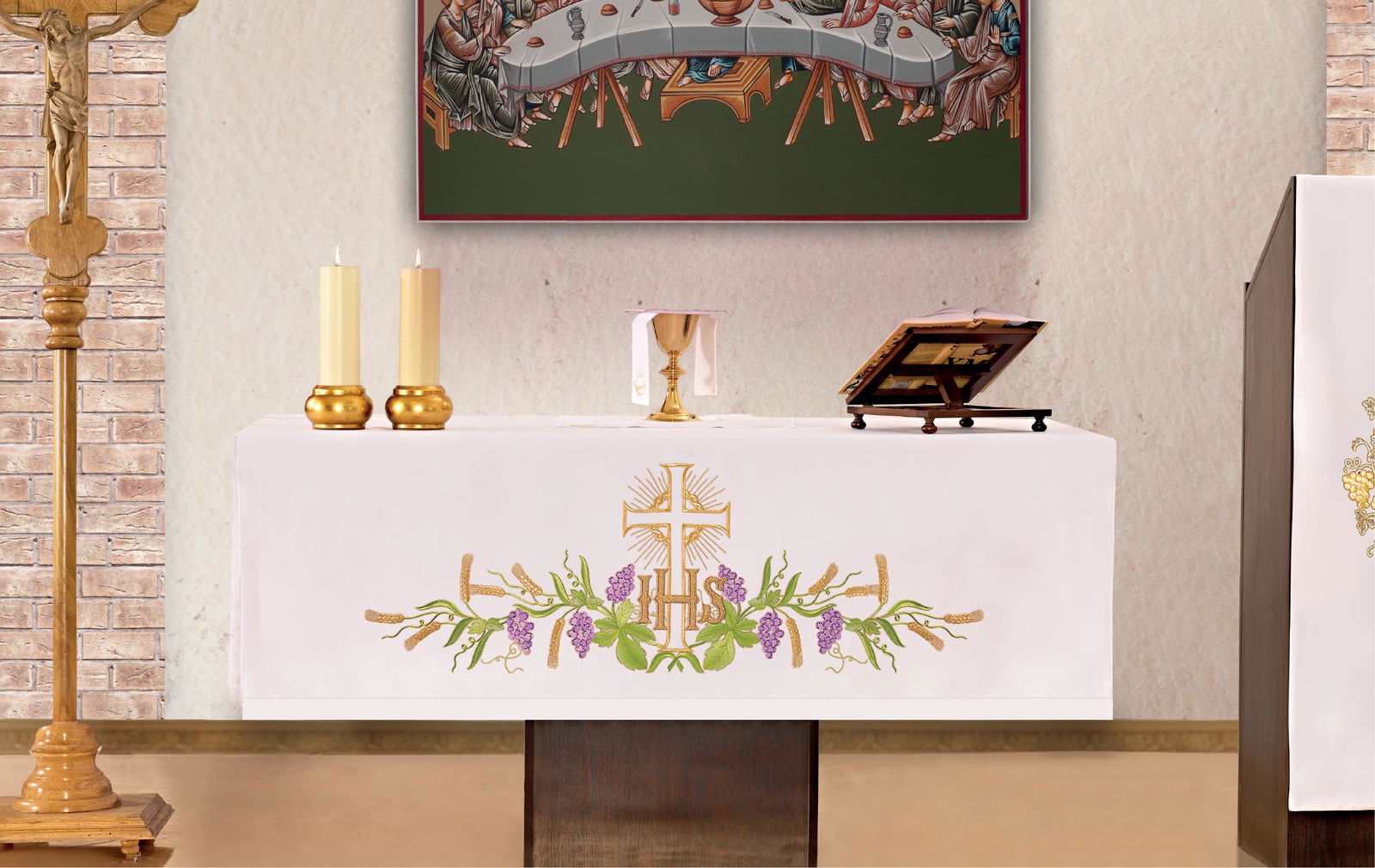 Mantel de altar con bordado frontal floral y motivo IHS