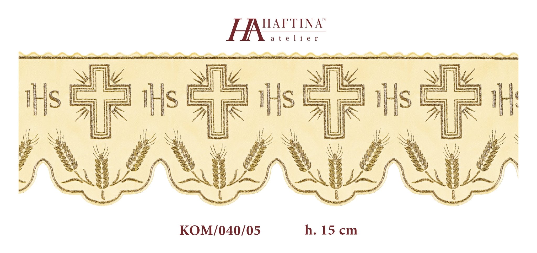 Puntilla de altar con bordado Cruz e IHS- crudo