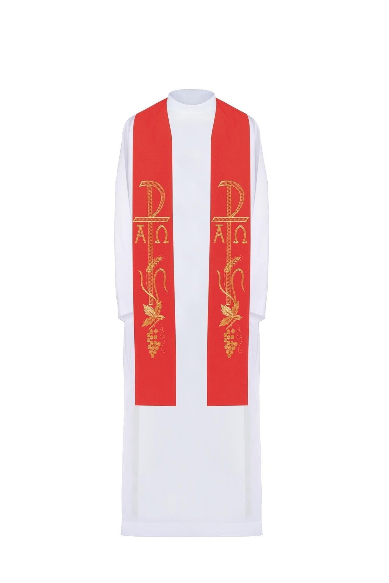 Estola sacerdotal roja bordada con el motivo de Alfa y Omega